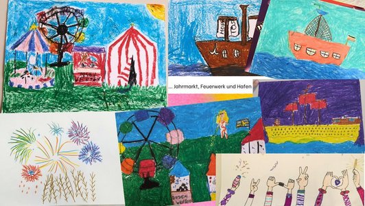 Foto von Kinderzeichnungen mit karusell, Schiffen, Feuerwerk, etc.