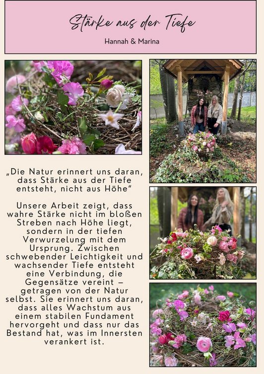 Gedanken von zwei  Schülerinnen zum Thema Natur, Stärke, Höhe und Tiefe etc.. Abgebildet sind auch drei Fotos Hauses aus Holz mit eine Blumenkranz im Vordergrund und eines mit den zwei Mädchen.