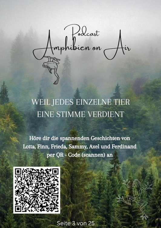 Plakat mit QR-Code zu Podast Schriftzug in Weiß auf einem Foto von einem Wald:Weil jedes Tier eine Stimme verdient.