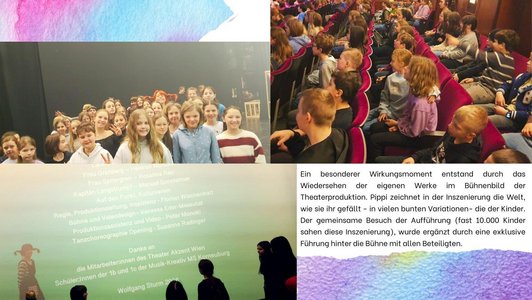 Fotos von Hinter der Kulisse der Aufführung Pippi Langstrumpf. Schülerinnen vor der Bühne und im Publikumsbereich.