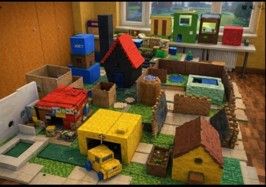 Foto von verschiedenen Stadtmodellen aus recyceltem Material.
