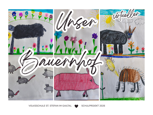 Collage von gezeichneten Bildern mit Tieren. Schriftzug Unser Bauernhof.
