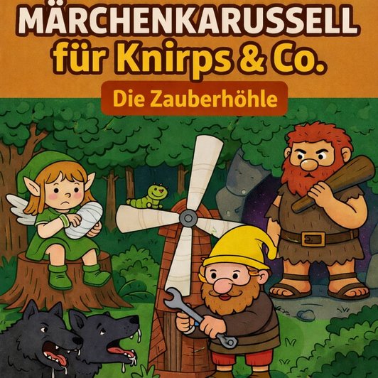 Podcastcover - Folge: Die Zauberhöhle. Im Sitl einer Comiczeichnung.Mit einem Elf, einem Riesen, einem Zwerg im Wald.