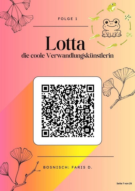 Plakat mit QR-Code zu Podast mit Schriftzug: Lotta die coole Verwandlungskünstlerin. Bosnisch.