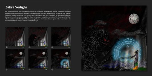 Schritte von der Eingabe bis zum fertigen KI-Bild. Ein Schattenmonster mit Grinsekatzenlächeln und glühenden Augen kriecht aus der Dunkelheit. Ihm gegenüber steht ein Zauberheld in lila Mantel und orangefarbenen Stiefel, bewaffnet mit einem Schwert. Zwischen ihnen leuchtet ein magischer Kreis. Überallem wacht ein voller Mond mit Fledermausbegleitung.