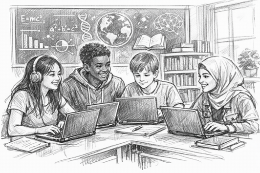 Generiertes Gezeichnetes schwarz/weiß Bild. 4 Schüler:innen mit Laptops vor einer Schultafel.