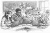 Generiertes Gezeichnetes schwarz/weiß Bild. 4 Schüler:innen mit Laptops vor einer Schultafel.