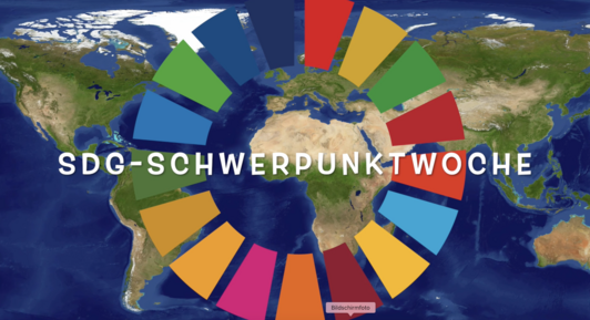Plakat mit Weltkarte und buntem Kreis aus Blöcken. Schriftzug SDG-Schwerpunktwoche