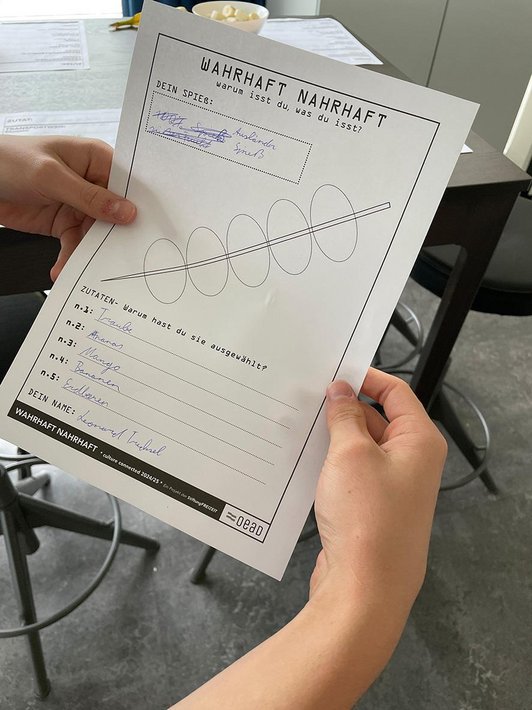 Hände halten Papierblatt mit Skizze von Spieß und ausgefüllter Liste von Zutaten