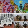 Fotos unterschiedlichen Kretionen Upcycling-Kunst-Objekte aus Kanistern, Birkenwald aus Papier,eine Zeichnung mit Schriftzug Queen einer Krone und 2 Händen.Eine weitere Zeichnng mit einem gemalten Stein aus dem Müllaus dem Mund fließt