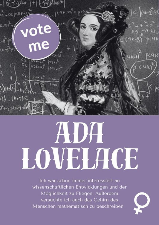 Plakat mit Bild Ada Lovelance vor einer Tafel mit mathematischen Berechnungen.