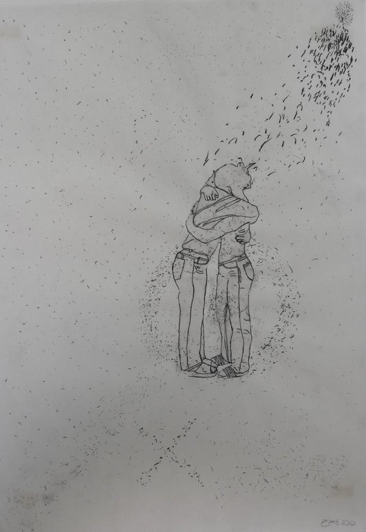 Schwarz weiss Zeichnung von 2 Personen die sich umarmen. Weitere kleine schwarze Striche und Punkte die von den Personen weggehen.