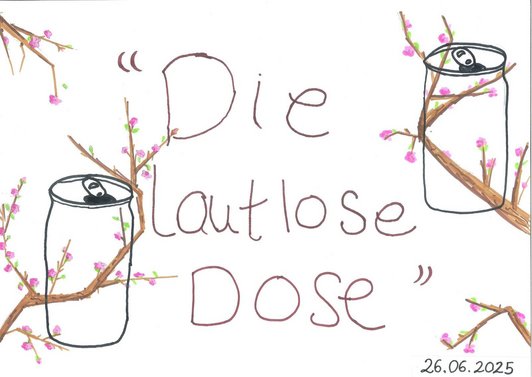 Schriftzug "Die lautlose Dose" umgeben von gezeichneten Dosen und blühenden Zweigen