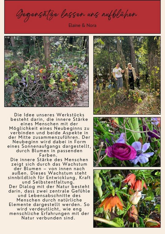 Gedanken von zwei  Schülerinnen zum Thema innere Stärke, Neubeginn, Selbstentfaltung, Waschstum etc. Abgebildet sind auch 4 Fotos Blumen am Boden. Ein Bild auch mit den zwei Mädchen und Schüler:innen im Hintergrund gehend im Wald.