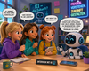 Von Chat GPT erstelltes Bild von drei Mädchen und einem Roboter mit Sprechblasen. Schild auf einem Tisch: Interviwew mit KI.