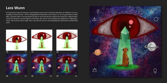 Schritte von der Eingabe bis zum fertigen KI-Bild. Ein kosmisches Auge mit hang zur Lasertherapie scannt einen verdutzten Meerkat.... Mit Lichtstrahl und grünem Diamant.