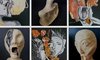 Collage von Skulpturen schreiender Köpfe Bildhauerei und Zeichnungen 