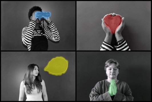 Vier Fotos von Jugendlichen in schwarzweiss mit bunt eingefärbten Details, Sprechblase, Herz; Fernglass und gefalltete Hände