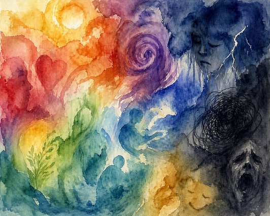 Bunte Wasserfarbenzeichnung in Regenbogenfarben mit verschiedenen Symbolen ua.Herz, Pflanze, Gesicht, Spirale, Umrisse von Menschen, Biltz, Sonne. Flächendeckend ausgefüllt.