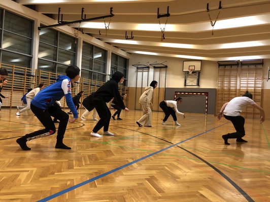 Foto von Schülerinnen und einer Tänzerin beim Tanzen einer Choreographie im Turnsaal