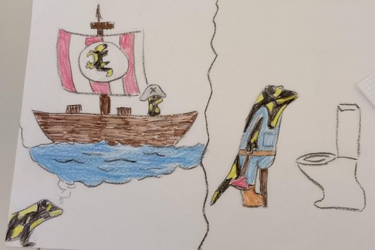 Kinderzeichnung von Salamandern auf Boot und vor Toilette