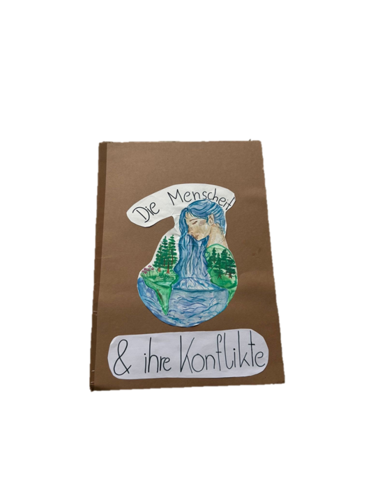 Cover eines Popup-Buches aus Karton. Titel: die Menschen & ihre Konflikte mit einer Zeichnung von Wald und einer Frau mit Haaren aus, Wasser.