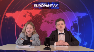 Videobild mit 2 Kindern und Mikrophon im Vordergrund. Schriftzug oben Europa News