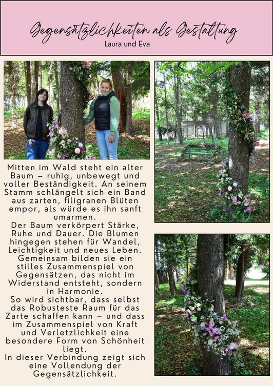 Gedanken von zwei  Schülerinnen zum Thema Baum, Beständigkeit, Stärke, Dauer etc. Abgebildet sind auch drei Fotos eines Baumes mit Blumen und eines mit den zwei Mädchen.