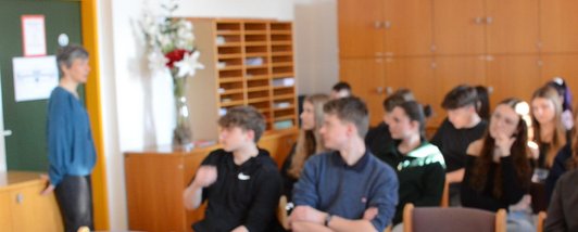 Schüler/innen sitzen in einem Klassenzimmer und der Referent steht vor ihnen