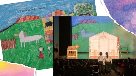 Zwei Fotos einer Bühne mit Kinderzeichnungen zum Thema Pippi Langstrumpf als Kulisse.