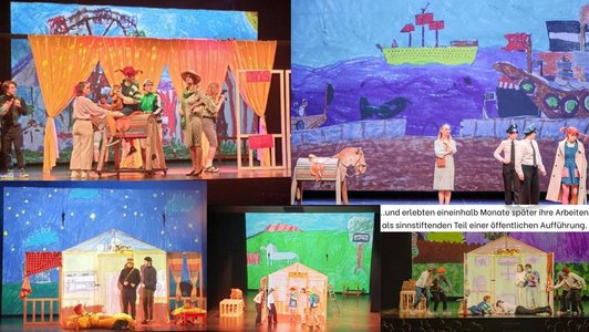 5 Fotos einer Bühne mit Kinderzeichnungen zum Thema Pippi Langstrumpf als Kulisse.