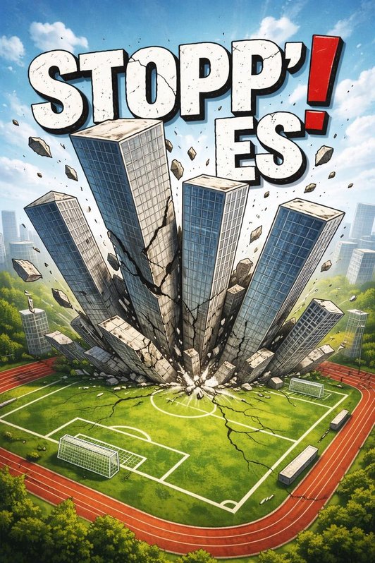 Plakat im Comicstil von einem Fussballfeld von oben mit Hohchäusern aus der Wiese empor ragend. Schriftzug: Stopp' es!