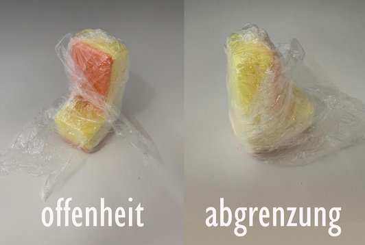 Zwei Fotos nebeneinader mit jeweils einem Stück Schwamm in orange/gelb in L-Form in Plastik eingewickelt. Uunter dem einen Foto steht mit weisser Schrift offenheit beim anderen Foto abgrenzung.
