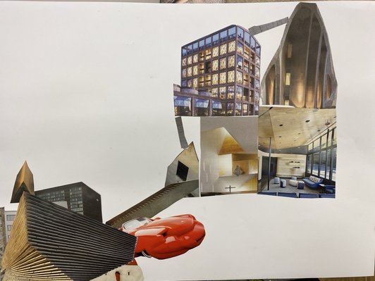 Collage aus Abbildungen verschiedener Architekturen und einem roten Auto