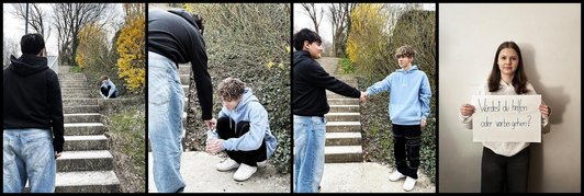 4 Fotos, drei mit 2 Jungen auf einer Treppe. Einer hockend und einmal stehend sich die Hände reichend. Viertes Foto von einem Mädchen mit einem Zettel auf dem steht: Würdest du helfen oder vorbeigehen?