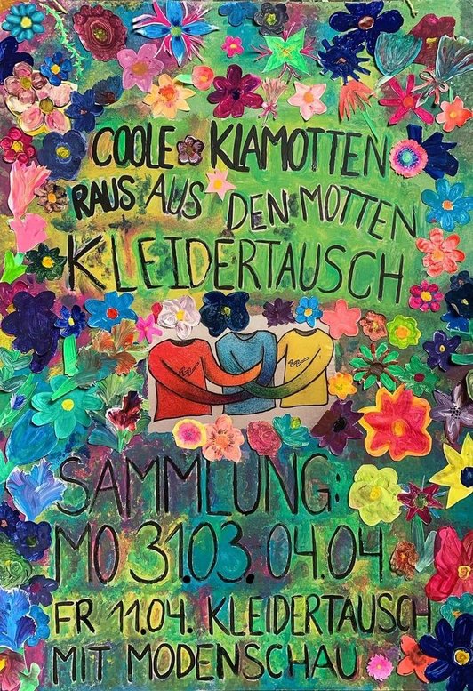 Gezeichnetes buntes Plakat mit Blumen und 3 langärmelicgen T-Shirts in rot, blau und gleb. Die Ärmel sind miteinander verbunden
