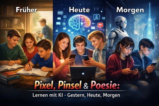 Von Chat GPT erstelltes Bild von Jugendlichen Früher, Heute, Morgen. Lernen mit KI-gestern, hete Morgen.