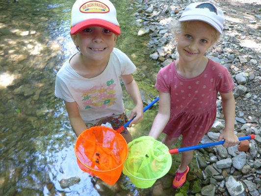 zwei Kinder mit buten Fangnetzen in seichtem Uferwasser