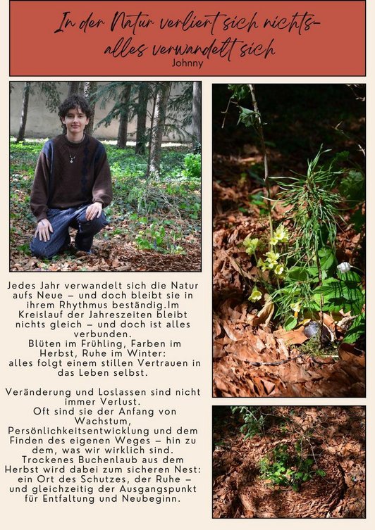 Gedanken eines Schülers zum Thema iRhytmus, Kreislauf, Jahreszeiten, Vertrauen etc. Abgebildet sind auch 3 Fotos mit Blumen am Waldboden umhüllt mit blättern, sowie ein Foto des Schülers kniend neben dem Werk.