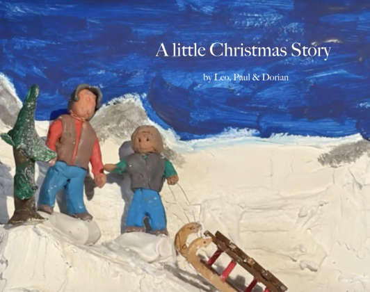 Schreenshot aus einem Animationsvideo Vater uns Sohn mit einem Schlitten in einer Schneelandschaft.