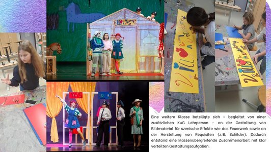 Fotos von Schüler:innen auf einer Bühne. Verkleidet als Pippi Langstrmpf und Polizisten. Foto von einem Kind beim Zeichnen eines Willkommenschildes.