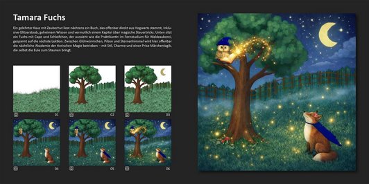 Schritte von der Eingabe bis zum fertigen KI-Bild. Ein gelehrter Kauz mit Zauberhut liest nächtens ein Buch mit Glitzerstaub in einem Baum. Unten sitzt ein Fuchs mit blauen Cape und rosa Schleifchen zwischen Glühwürmchen, Pilzen und Sternenhimmel.