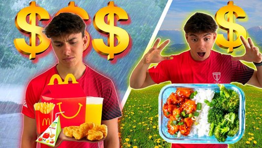 Werbegrafik mit Schüler traurig über Fast Food, glücklich über Healty Food